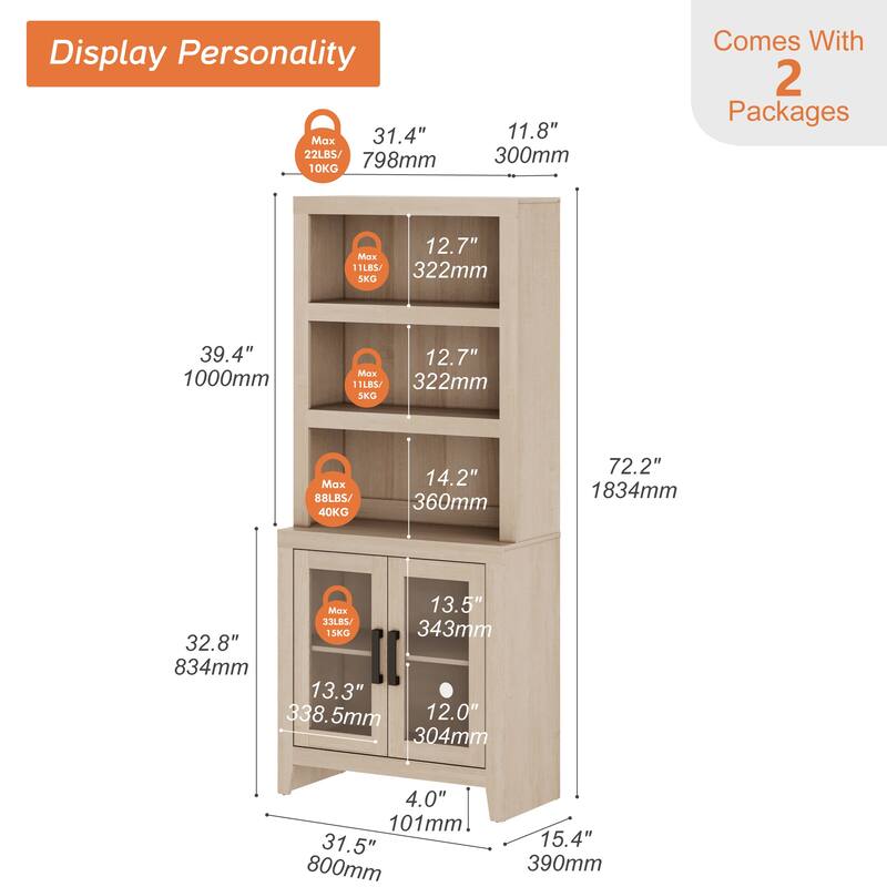WAMPAT 3 Tier Bookshelf with Glass Door, 74" Tall Bookcase with Adjustable Shelf and Storage Cabinet, Farmhouse Wooden Bookshelf