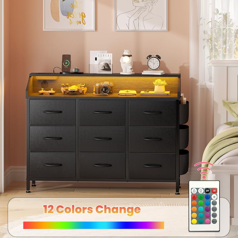 Dresser for Bedroom 9 Fabric Drawers Chest with Power Outlet LED Light
