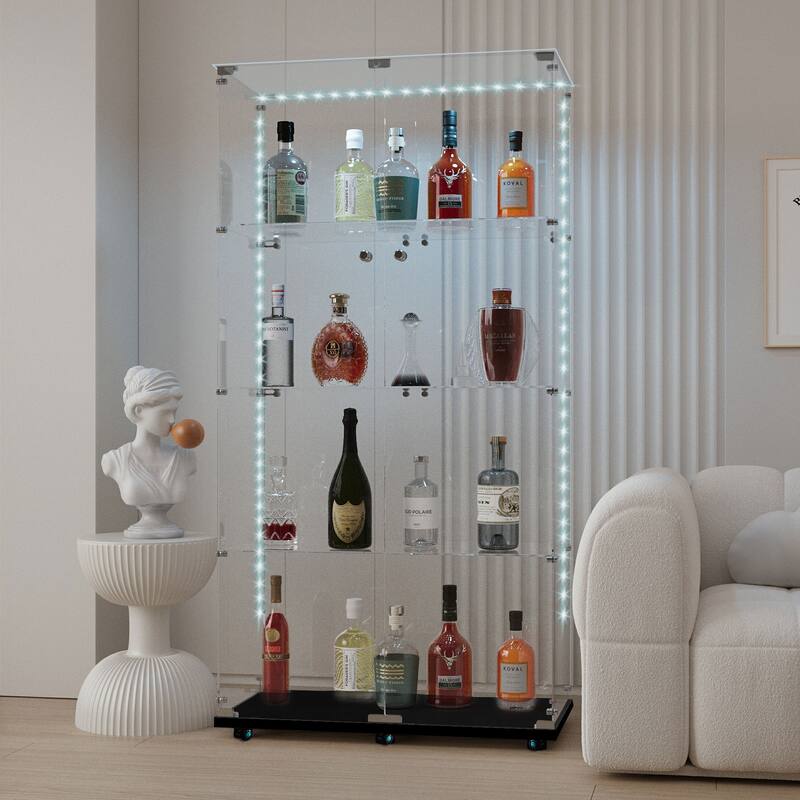 Tempered glass display cabinet, with Bluetooth LED strip,can be controlled by remote control or mobile APP,swivel casters