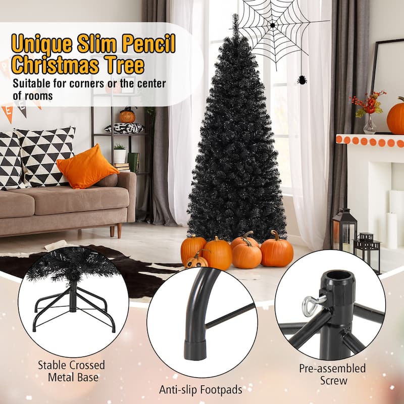 Gymax 6/7 FT Pre-lit Black Christmas Tree Artificial PVC Slim Pencil - See details