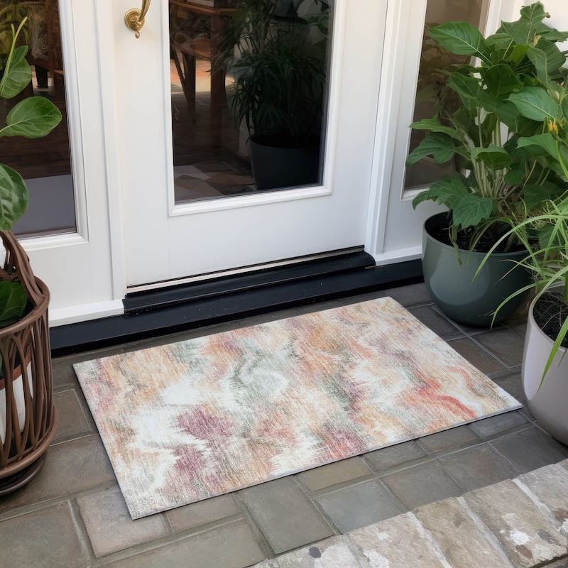 Machine Washable Indoor/ Outdoor Abstract Watercolor Chantille Rug - Peach - 1'8" x 2'6"