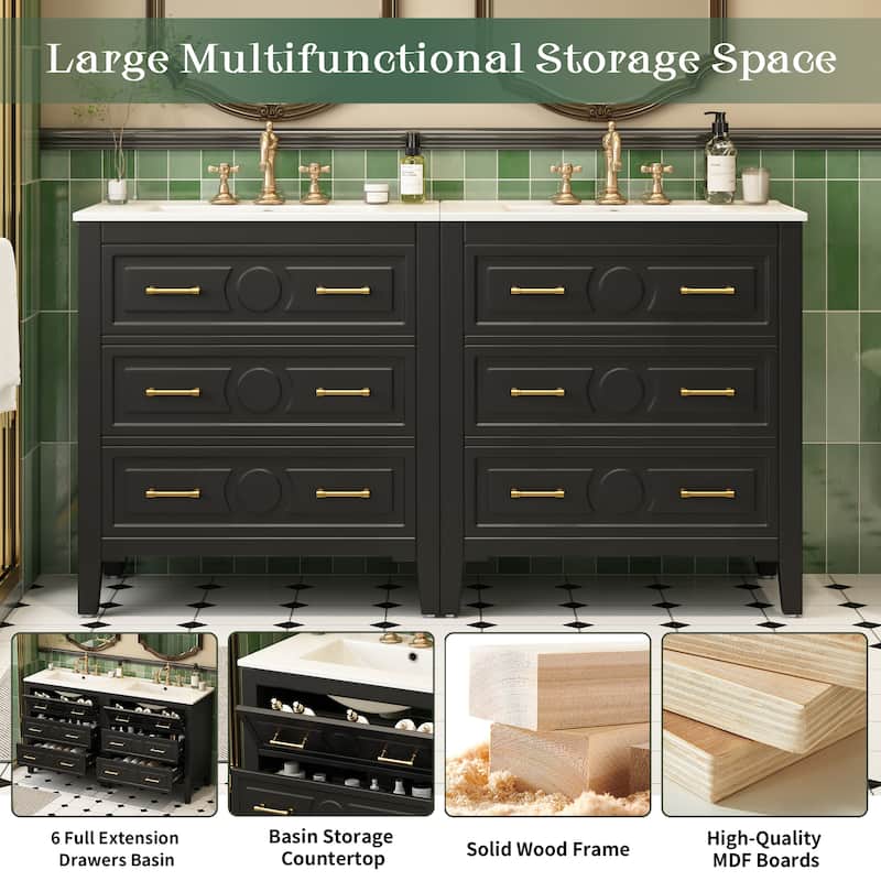 60 Inch Bathroom Vanity with Sink, Solid Wood Cabinet with Ceramic Basin, 3-Drawer Retro Style Storage