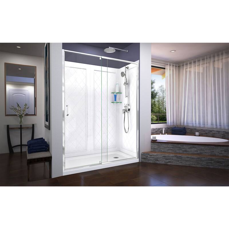 DreamLine Flex 30 in. D x 60 in. W x 76 3/4 in. H Pivot Shower Door, Shower Base and Backwall Kit - 30" x 60" - 30" x 60"