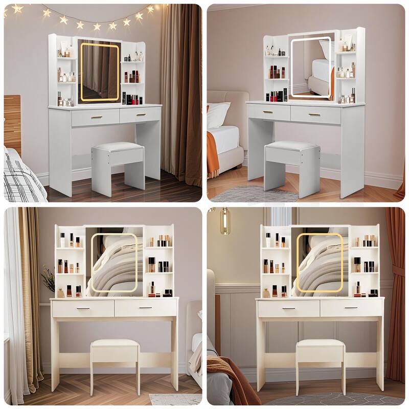 Vanity Table with Mirror and Lights - 42.5" Makeup Desk with Charging Station, 2 Drawers, 6 Shelves