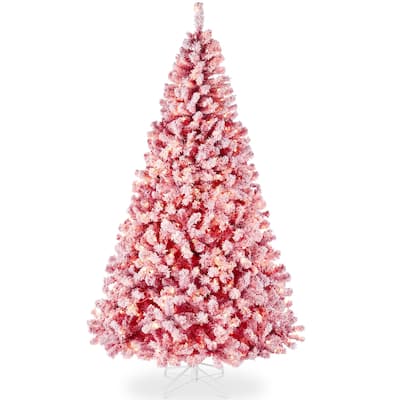 Pre-Lit Red Flocked Artificial Pine Christmas Tree w/ White Lights