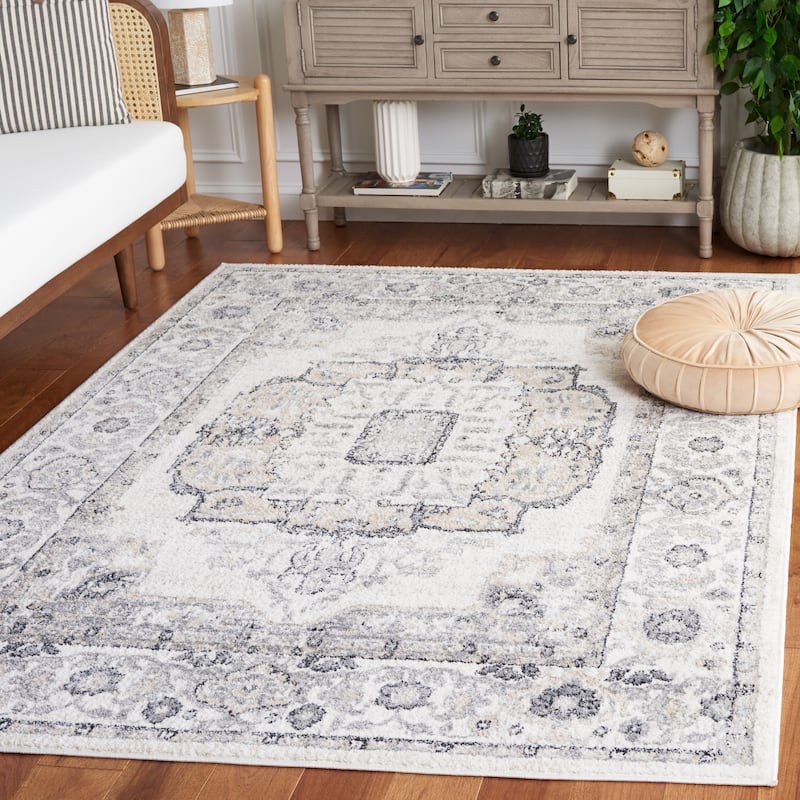 SAFAVIEH Layla Noreta Shabby Chic Farmhouse Rug - 6'7" Square - Ivory Grey/Charcoal
