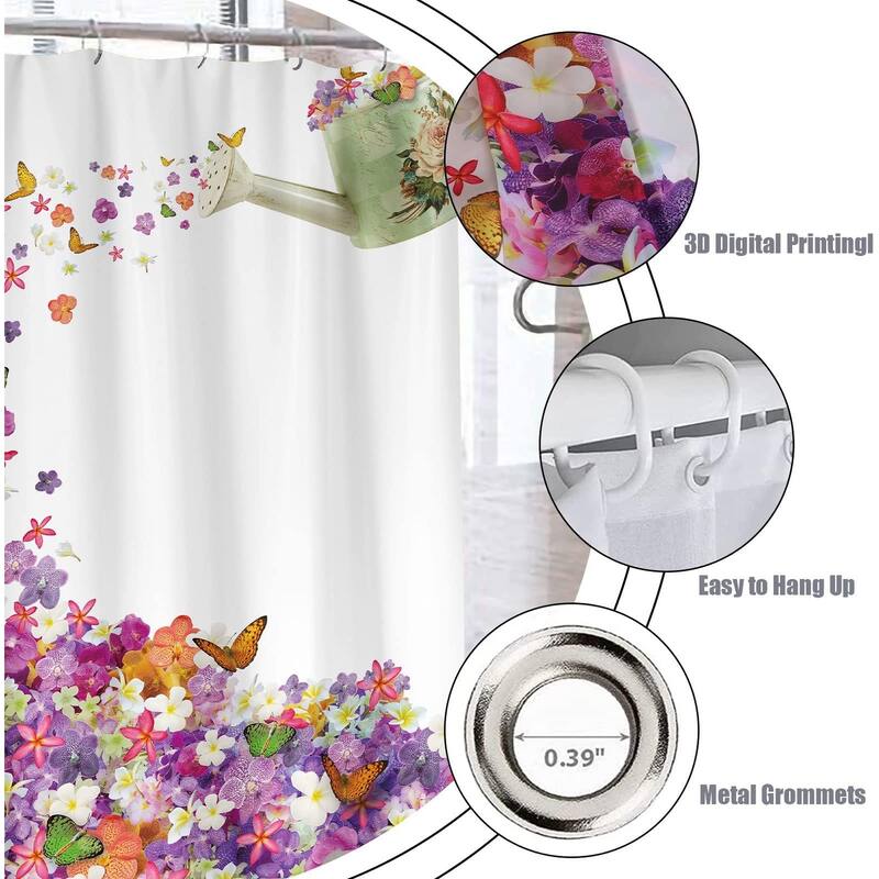 Floral Shower Curtain - Flowers Plant Butterfly Curtain 72" W x 72" L