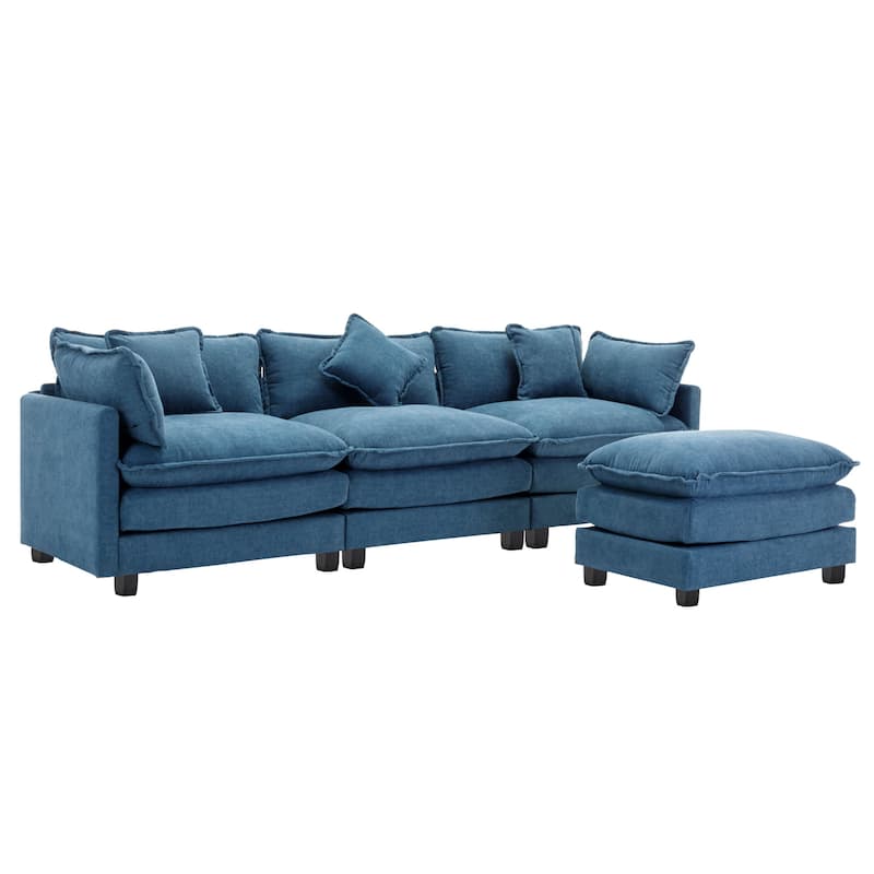 Blue 112.2" Modern L-Shaped 4-Seat Sectional Sofa with Removable Ottoman, 5 Plush Pillows, and Sturdy Frame