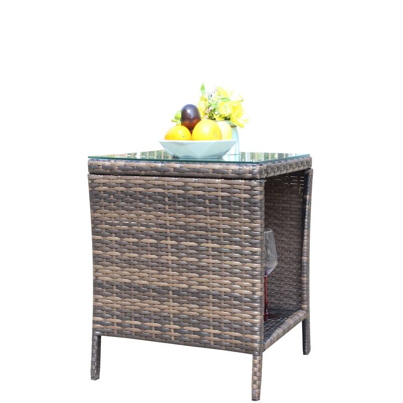 Anmytek Gray Rattan Side Table with Tempered Glass Top Indoor Outdoor Wicker Patio Table Double Tier Storage - 19.25*19.25
