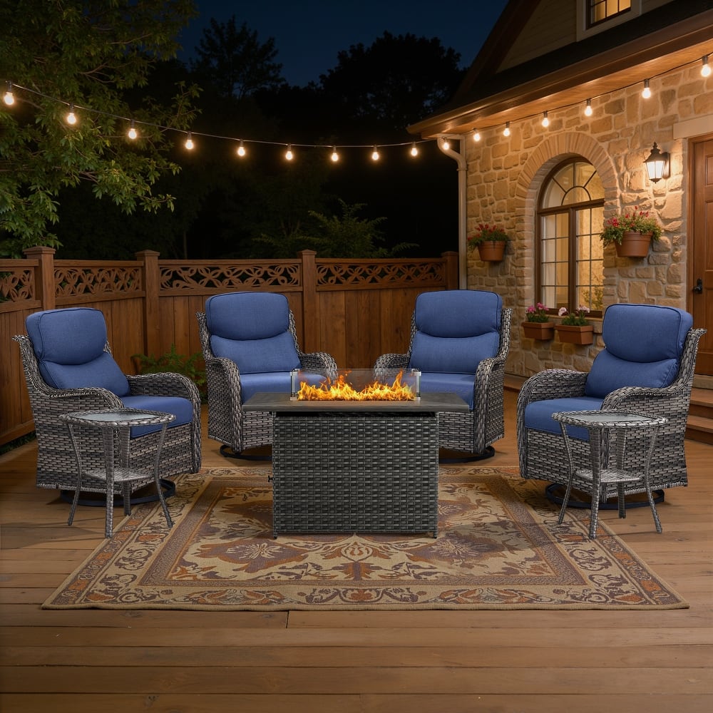 Meyreso 7-Piece Outdoor Patio Wicker Fire Pit 4 person Conversation Set with 5-Inch Thick Cushions