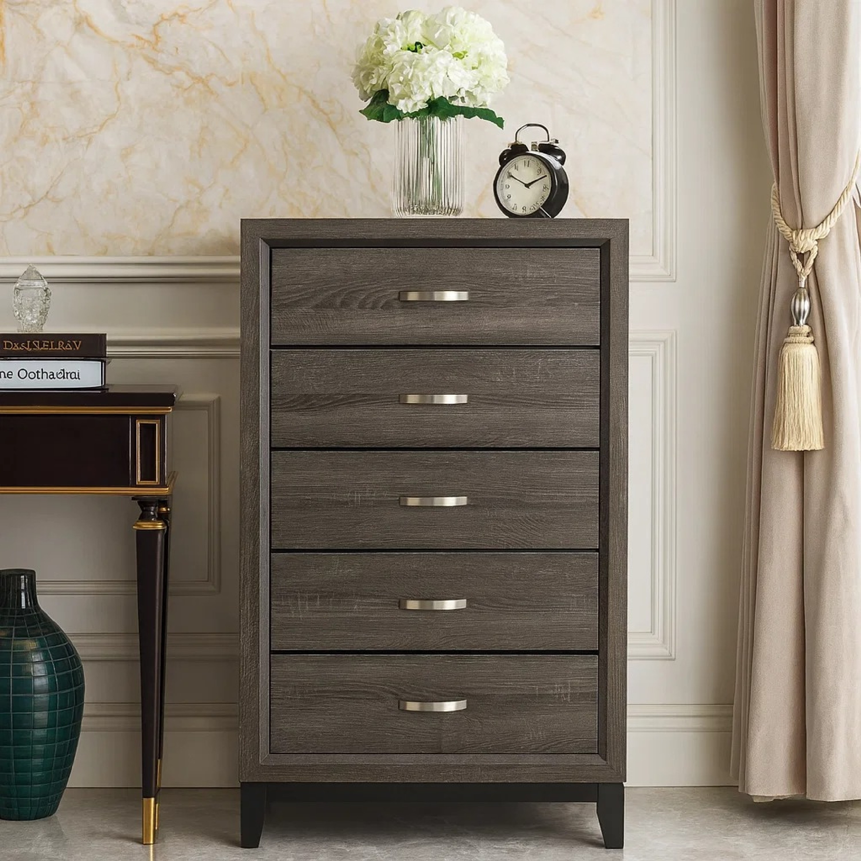 Benjara 5 Drawer Wooden Chest with Grain Details and Chamfered Feet, Gray