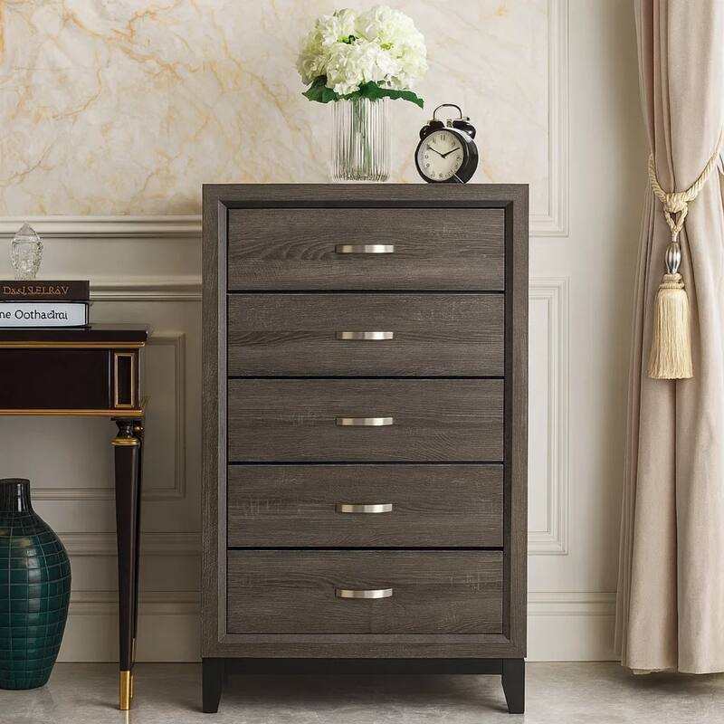 5 Drawer Wooden Chest with Grain Details and Chamfered Feet, Gray
