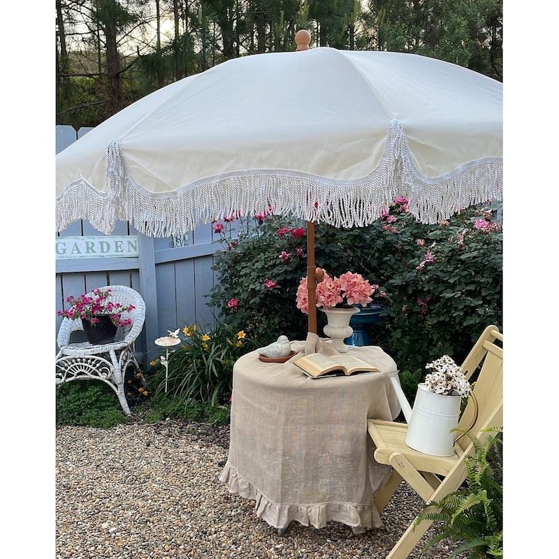 MAISON ARTS 7ft Patio Fringe Umbrella Outdor Tassel Beach Umbrella with Push Botton Tilt UPF50+