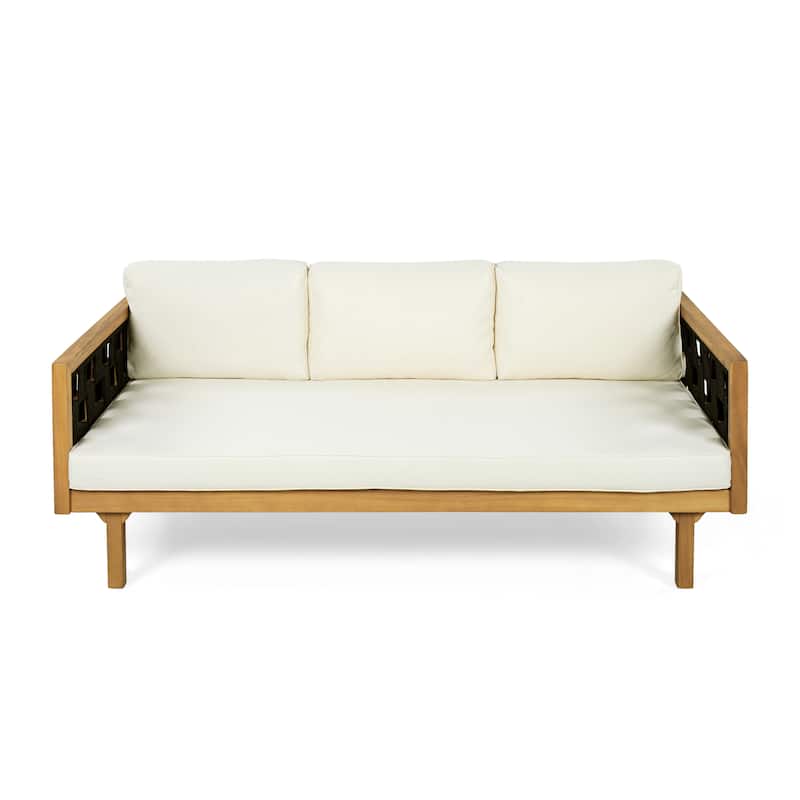 Christopher Knight Home - Modern Outdoor Patio Acacia Wood 3-Seater Daybed Sofa with Cushions, Rope Square Armrest & Teak Finish