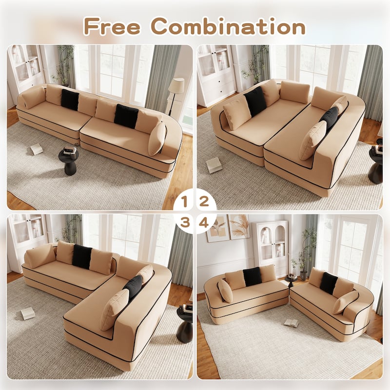 135" Two-Tone Sofa Teddy Fabric Sofa, Boneless Couch with Sponge Cushions, Stylish Sectional Sofa with Pillows for Living Room