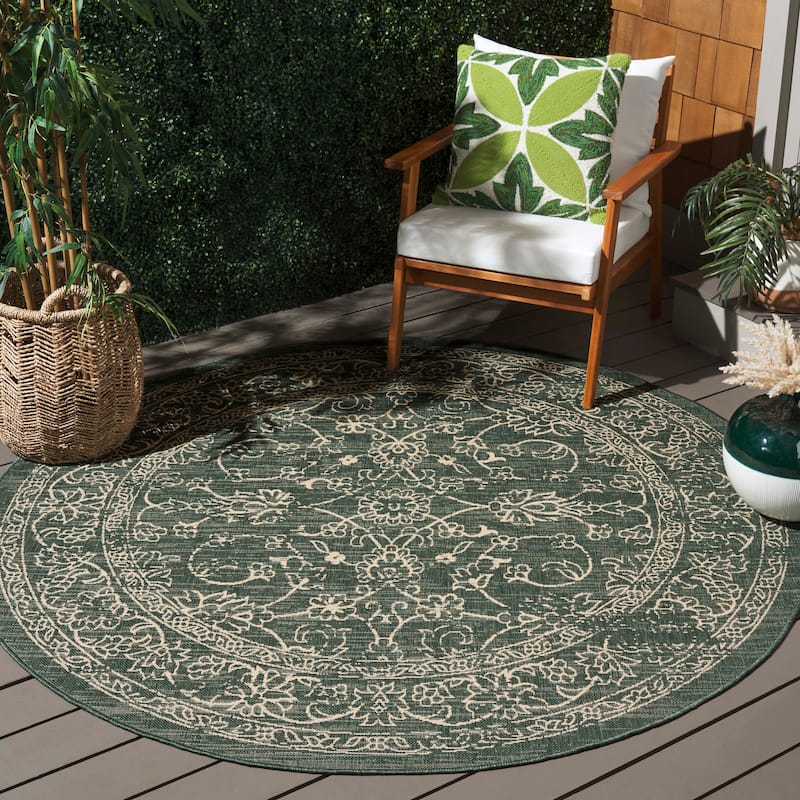 SAFAVIEH Courtyard Samuela Indoor/ Outdoor Waterproof Backyard Patio Rug - 6'7" Round - Dark Green/Beige
