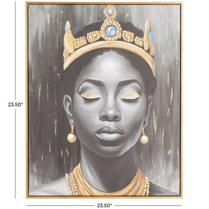 Black Polystone Shaded Woman Living Room Framed Wall Art with Blue Crown and Gold Foil Accents