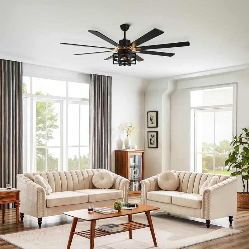 65" Large Wood Blade Ceiling Fan, 8 Blades and 3 Lights, Quiet DC Motor with Remote for Living Room