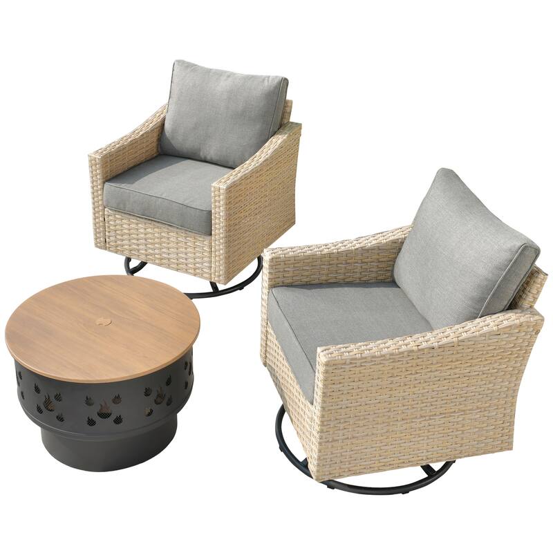 HOOOWOOO Outdoor 3-piece Rattan Wicker Swivel Rocking Chair Set with Wood Burning Fire Pit