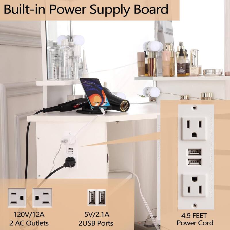 Makeup Vanity Desk with Lights & Power Outlet, Corner Vanity Table with 5 Rotating Drawers