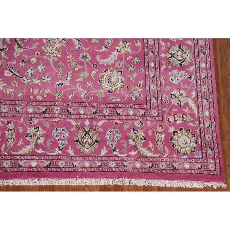 Floral Pink Kashan Oriental Area Rug Handmade Wool & Silk Carpet - 9'0"x 12'0"