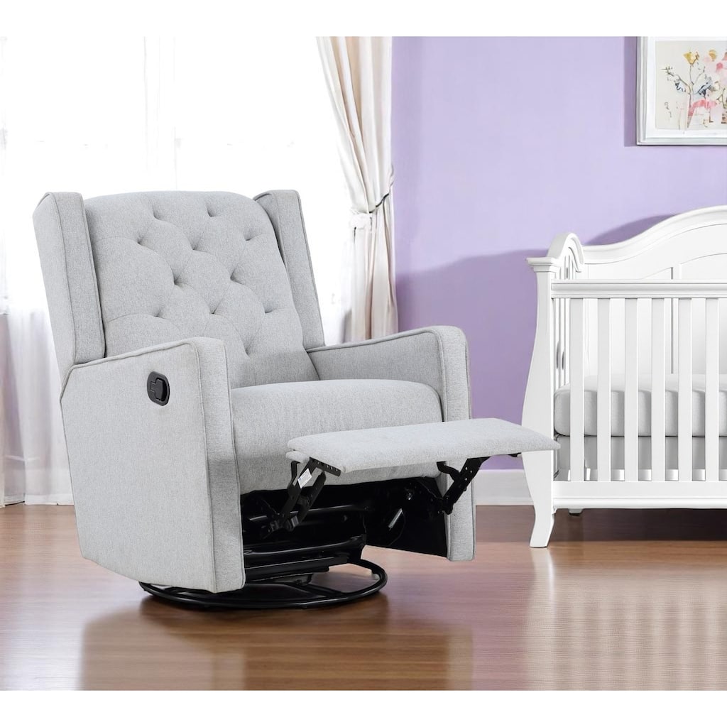 HomeRoots 37" Gray Tufted Fabric Swivel And Gliding Wingback Recliner Chair