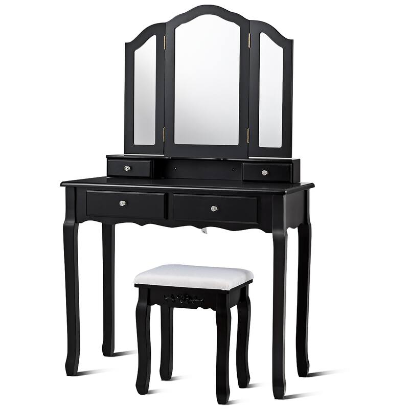 Vanity Table Set Makeup Dressing Table with Tri-Folding Mirror - Black