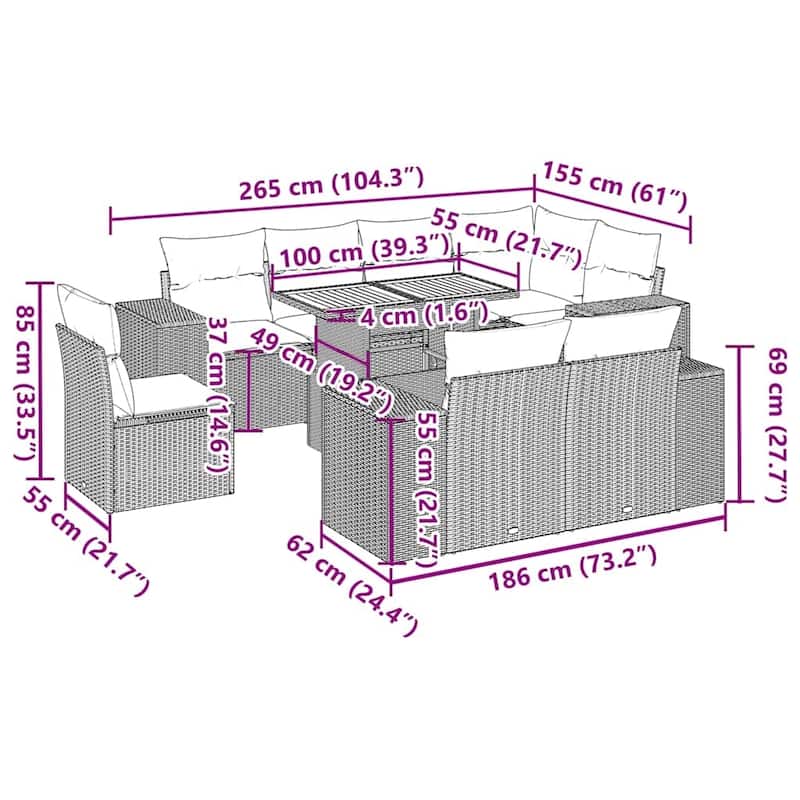 vidaXL 9 Piece Patio Sofa Set with Cushions Black Poly Rattan - 21.7 x 24.4 x 27.2