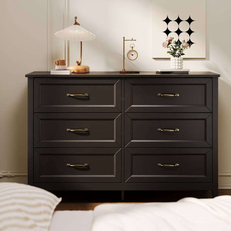 43.3" W 6 Drawer Dresser, Wood Storage Closet Dressers Chest of Drawers for Bedroom