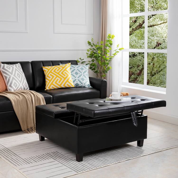 35-Inch Air Leather Tufted Upholstered Lift-Top Ottoman Bench, Large Square Storage Coffee Table for Living Room