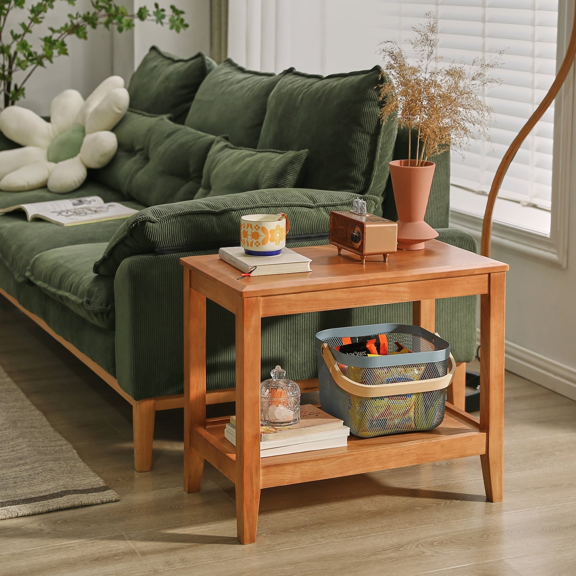 Solid Wood 2-Tier End Table with Storage Shelf Narrow Side Table