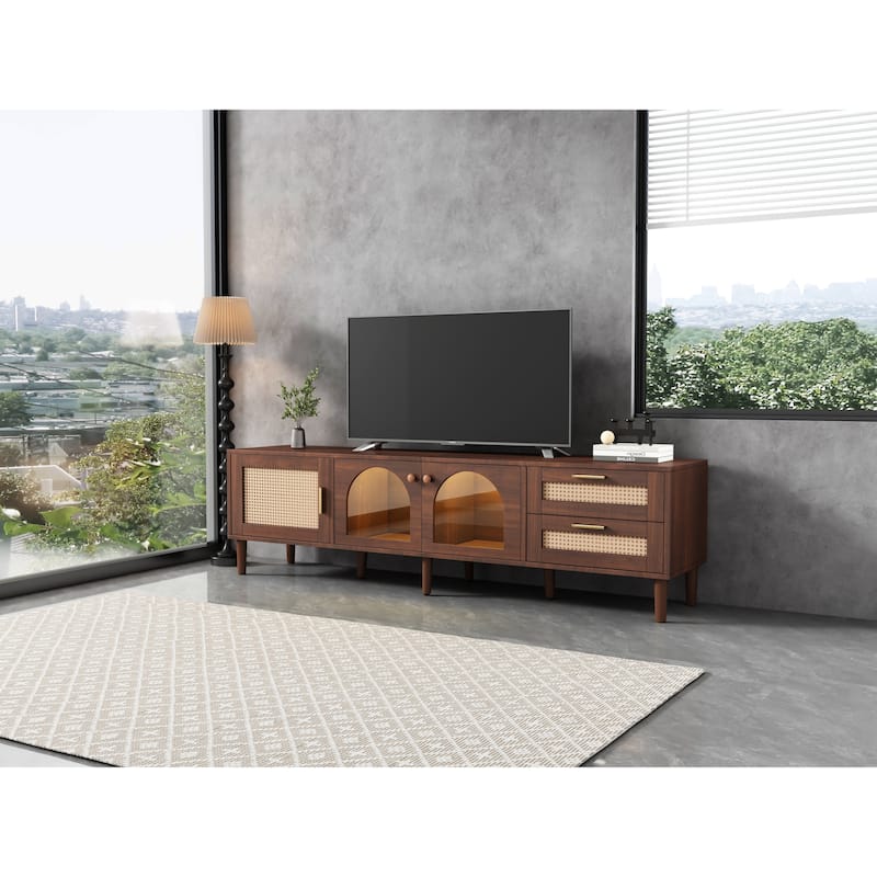 70 inch TV Stand for TVs up to 80", Entertainment Center with App Controlled LED Lights, 2 Drawers & Glass Door Storage