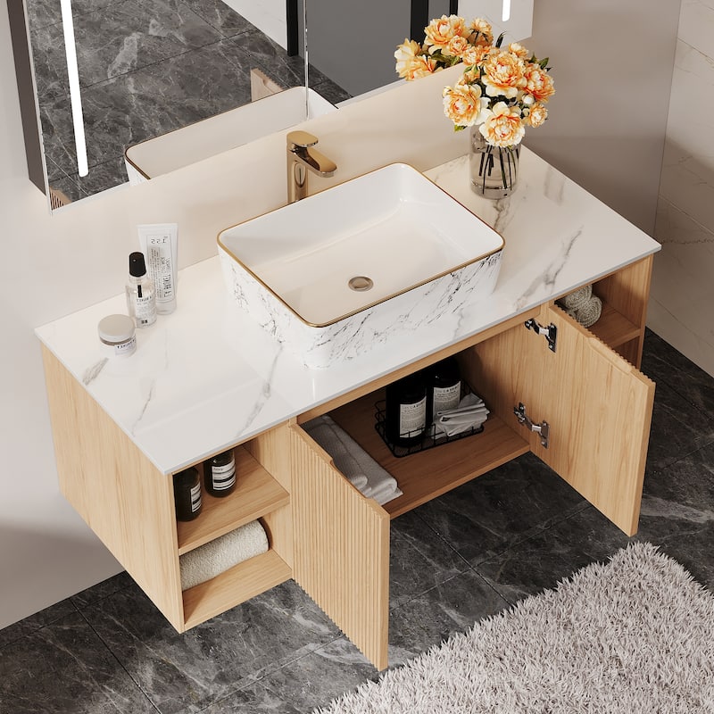 35.83'' Single Bathroom Vanity with Glossy Sintered Stone Top, Light Wood & Dark Wood