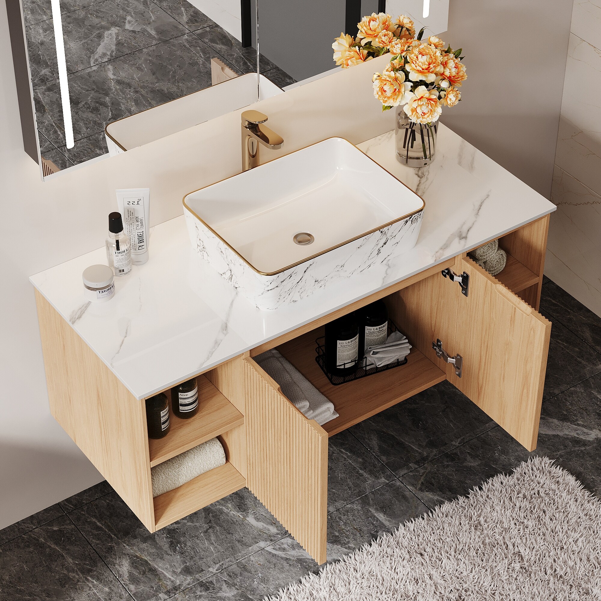 36'' Single Bathroom Vanity with Glossy Sintered Stone Top, Light