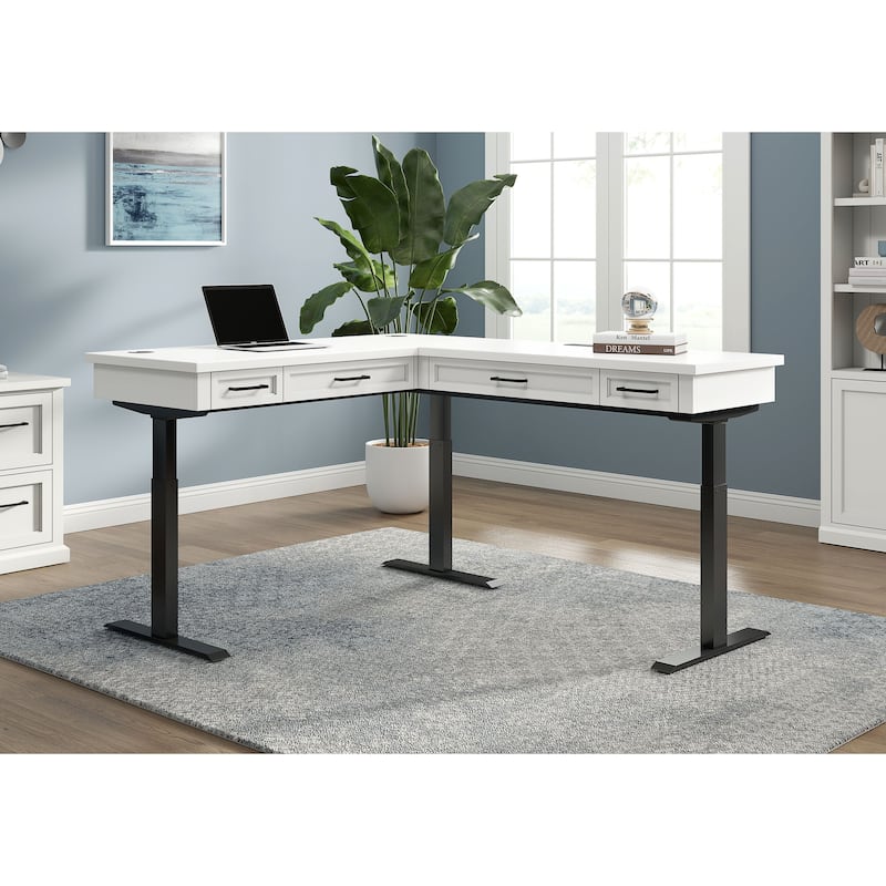 Modern Electric Sit/Stand L-Desk and Return, Height Adjustable Table, Wood Adjustable Office Corner Desk and Return, White - White
