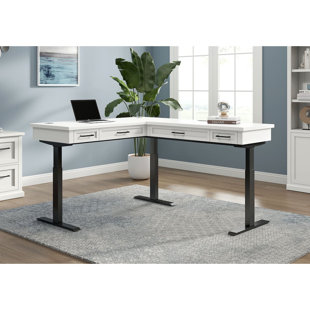 Modern Electric Sit/Stand L-Desk and Return, Height Adjustable Table, Wood Adjustable Office Corner Desk and Return, White