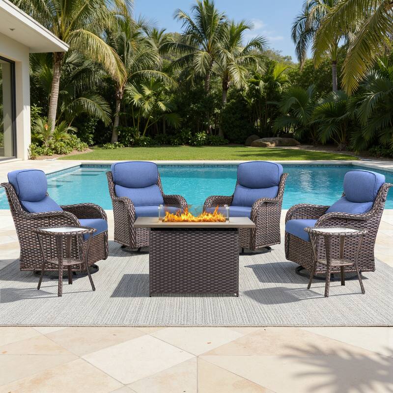 Meyreso 7-Piece Outdoor Patio Wicker Fire Pit 4 person Conversation Set with 5-Inch Thick Cushions