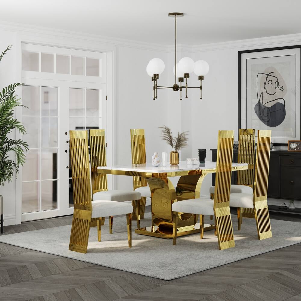 Faux Mable Dining Table Set with White Boucle and High Back Chairs