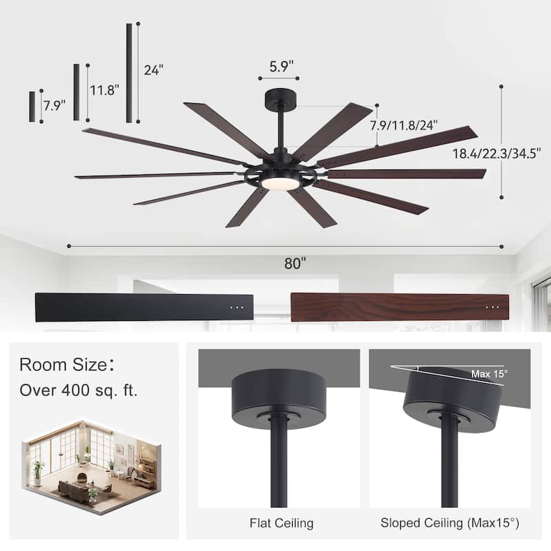 80/72/52/42-IN LED Ceiling Fan with Light Kit and Remote(5/10/12-Blade)