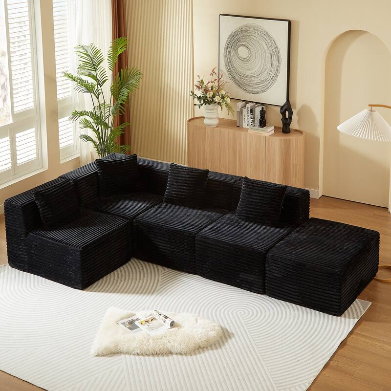 Modular Sectional Corduroy Sofa with Deep Seat, L-Shape, Black, Easy Assembly