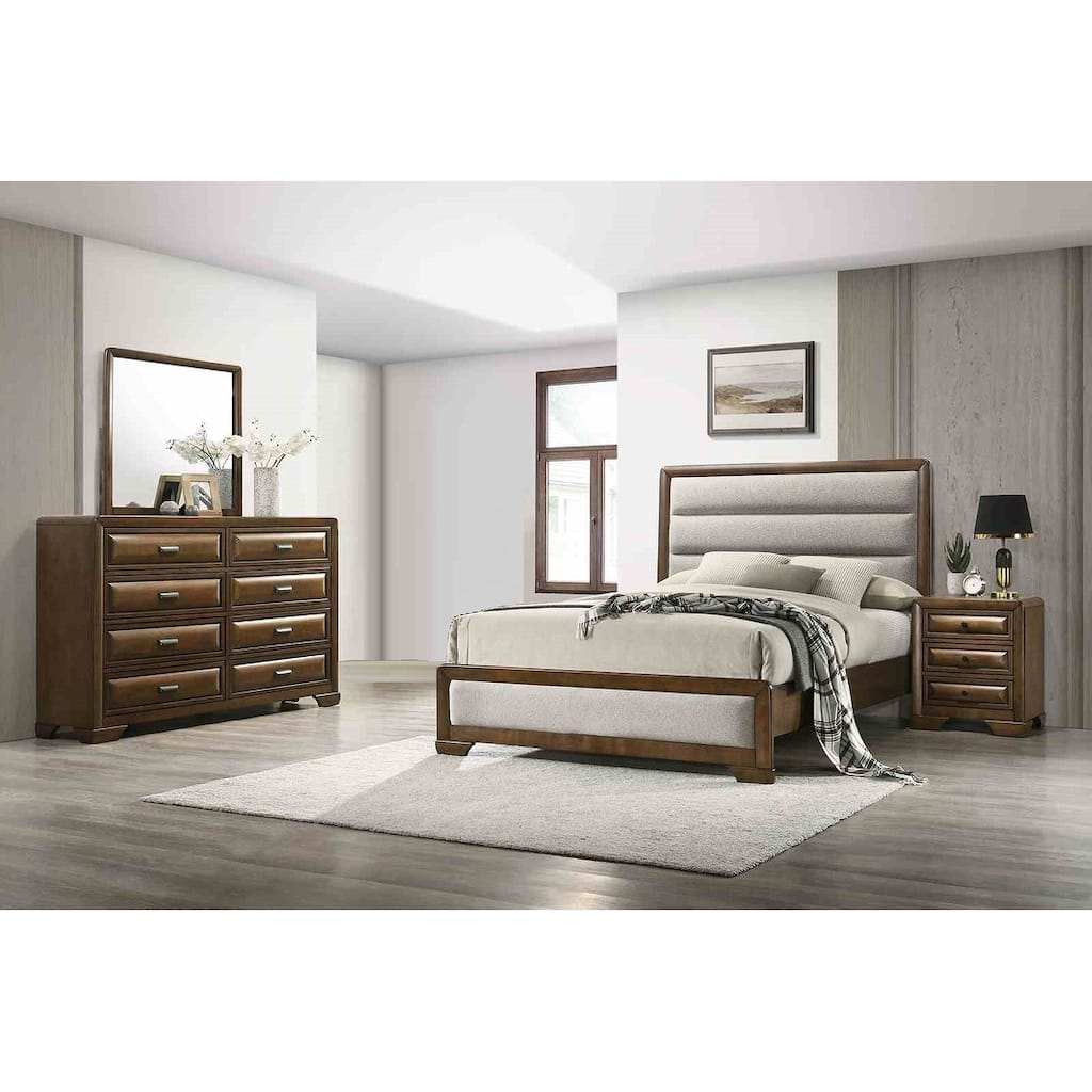 Brown and Gray Upholstered 4Pc Bedroom Furniture with Headboard Smooth-Glide Drawers