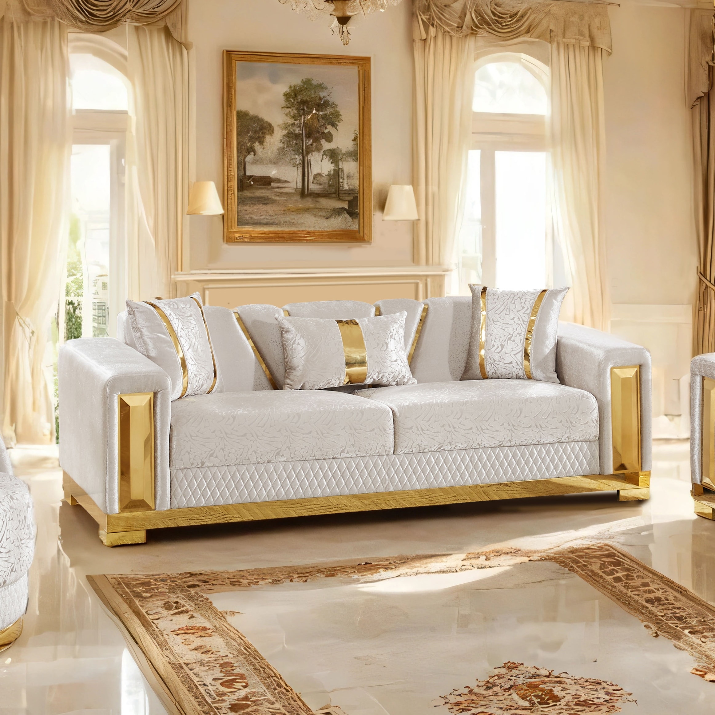 Furniture of America Ospray II Glam Solid Wood Sofa with Accent Pillows