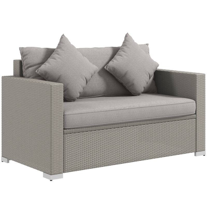Outsunny Outdoor Wicker Loveseat, Patio Furniture Couch with Cushions, 2 Seats PE Rattan Sofa, 2 Throw Pillows