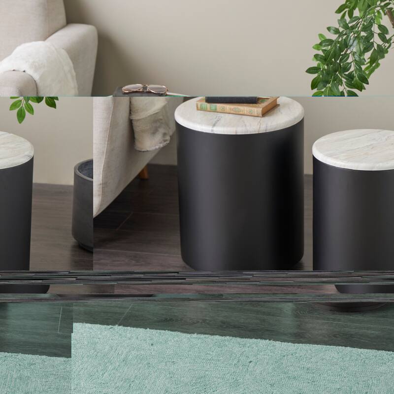 Black Metal Pedestal Coffee Table with Faux White Marble Top - Set of 2 - 19", 18"H