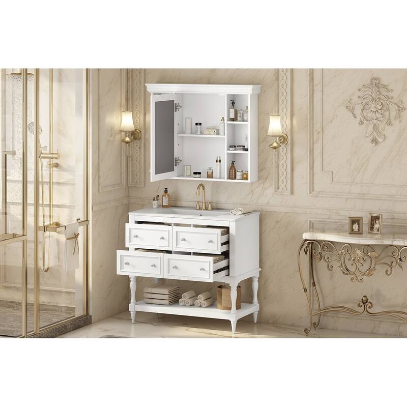 36''Bathroom Vanity with Medicine Cabinet,Modern Mirror Cabinet with Adjustable Shelf,Cabinet with 4 Drawers,Solid Wood Frame
