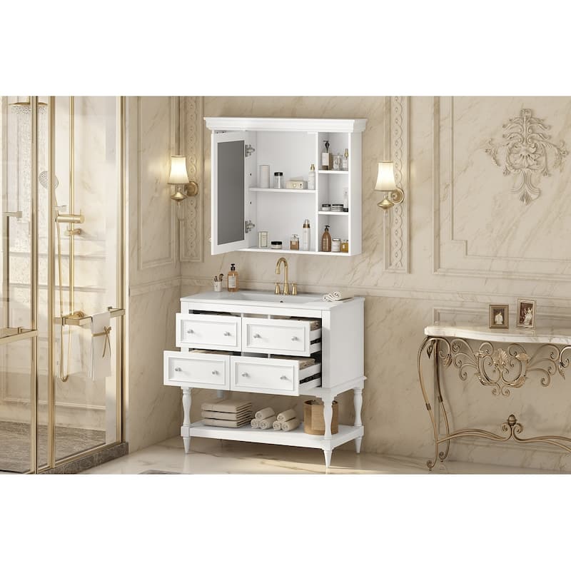Roomfitters 36" Vanity with Medicine Cabinet, Mirror Cabinet with Shelf, Solid Wood Bathroom Cabinet with 4 Drawers