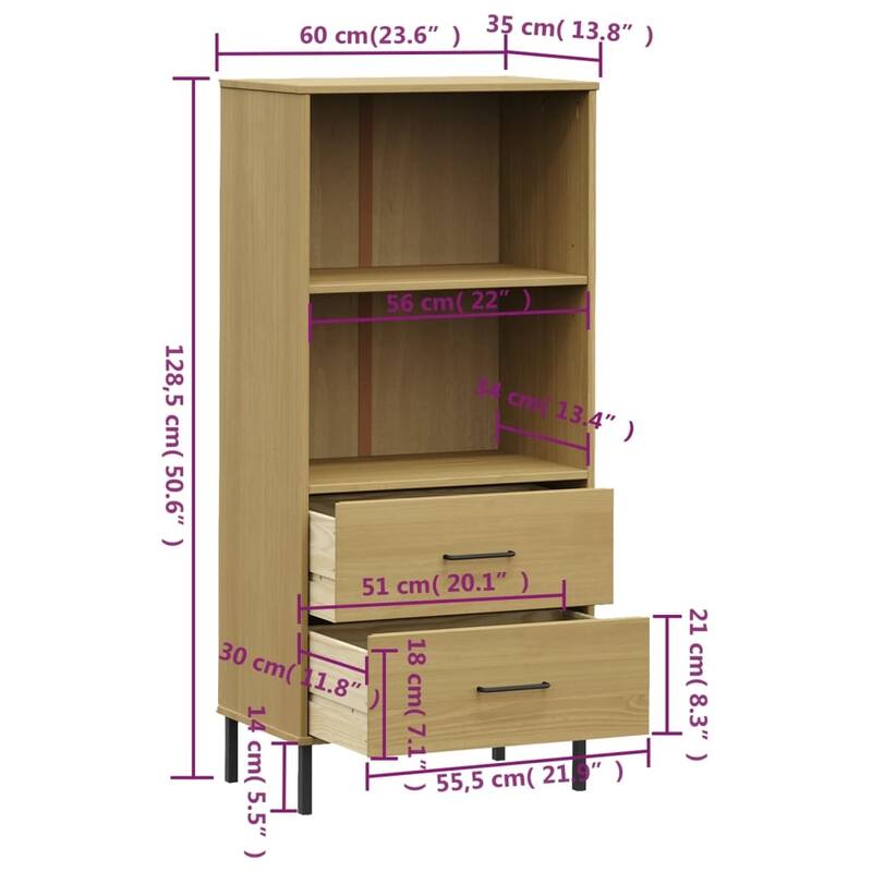 vidaXL Bookshelf Book Cabinet with 2 Drawers Storage Cabinet OSLO Solid Wood - 23.6" x 13.8" x 50.6"