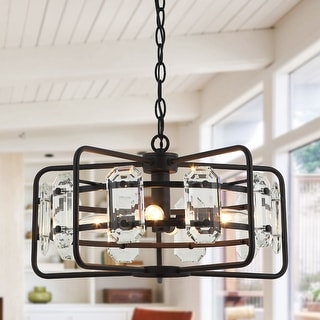 Industrial Modern 4-Light Metal Crystal Open Frame Drum Chandelier for Dining Room - 10-in H x 17.6-in D