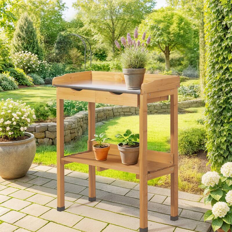 Natural Wood Potting Bench with Metal Top and 2 Drawers Lower Shelf and Hooks for Gardening - 29.8” x 14.6” x 36.4”