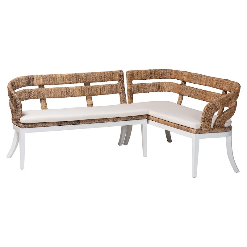 Ubud Seagrass Dining Nook Set with Mahogany Wood Frame - L-Shaped Rattan Accent Corner Bench for Kitchen or Dining Room, 2-Piece - Brown
